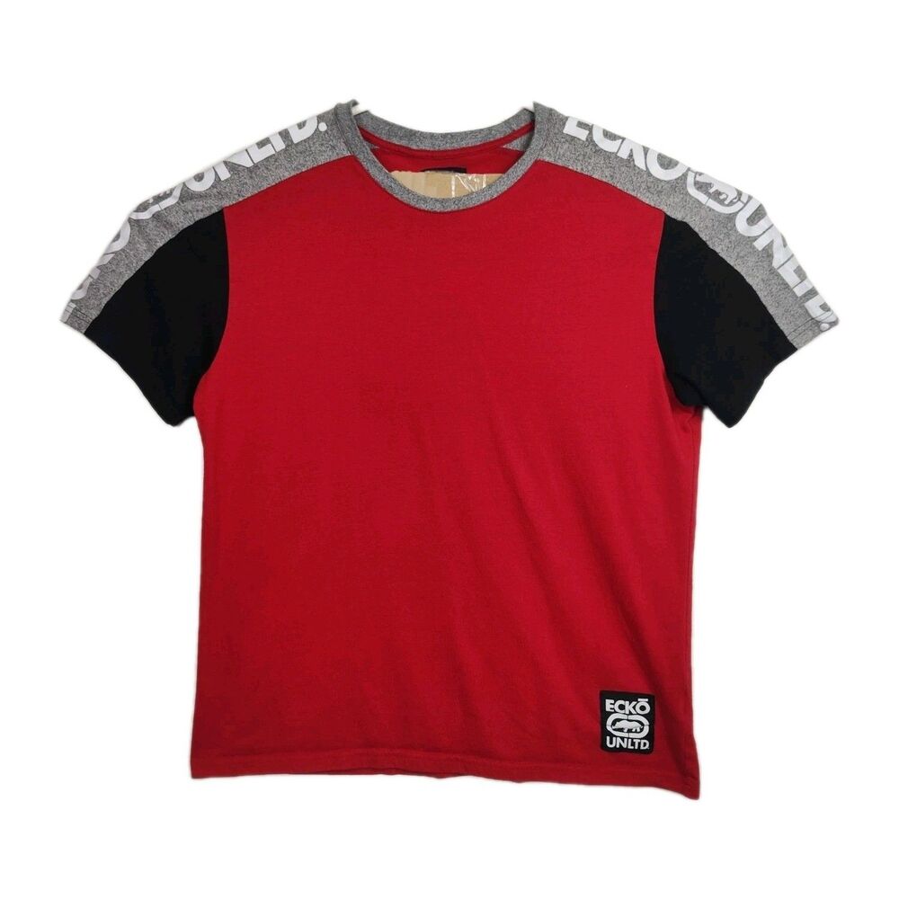 Ecko Unltd. T-Shirt Men's L‎ Red Large Logos on Sleeves Short Sleeves